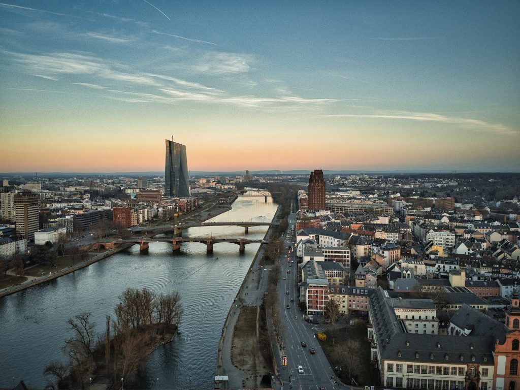 an aerial shot of the city of frankfurt